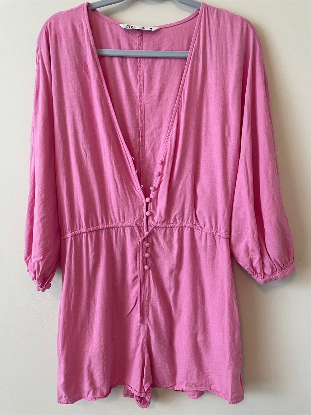 Zara Hot Pink V-Neck Button Romper with Waist Tie
